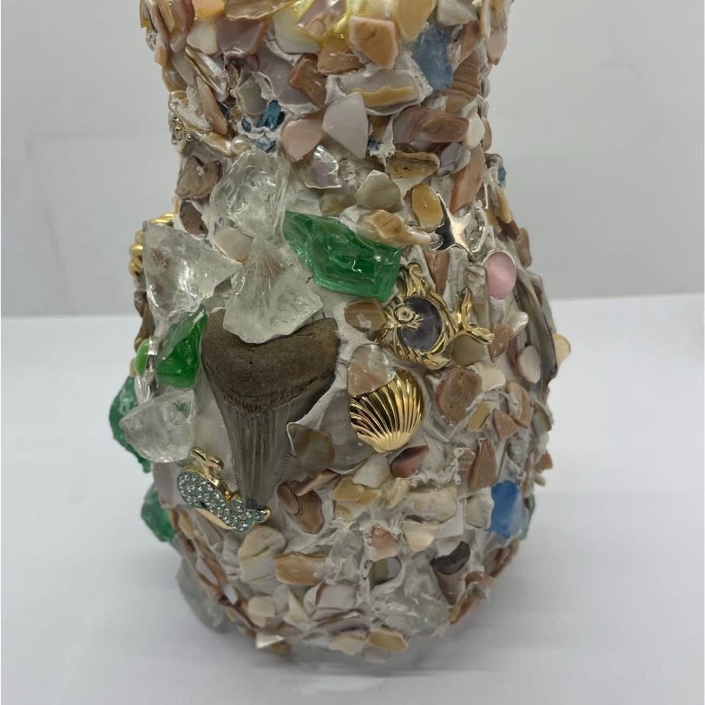 Colorful Seashell & Shark Teeth w Gems Mosaic Vase 7 x 5” OOAK